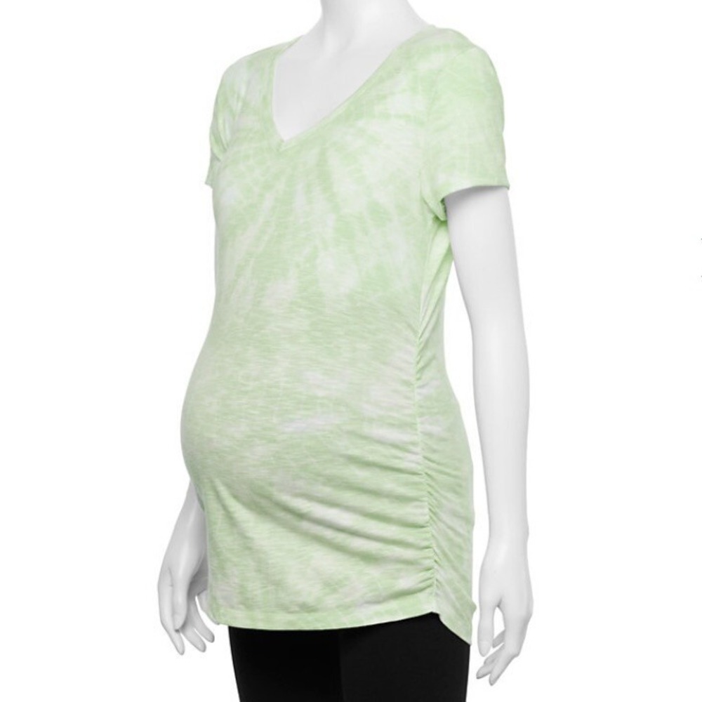 A Glow Maternity Essential Ruched V Neck Tee XS New with Tags Green Tie Dye Nice